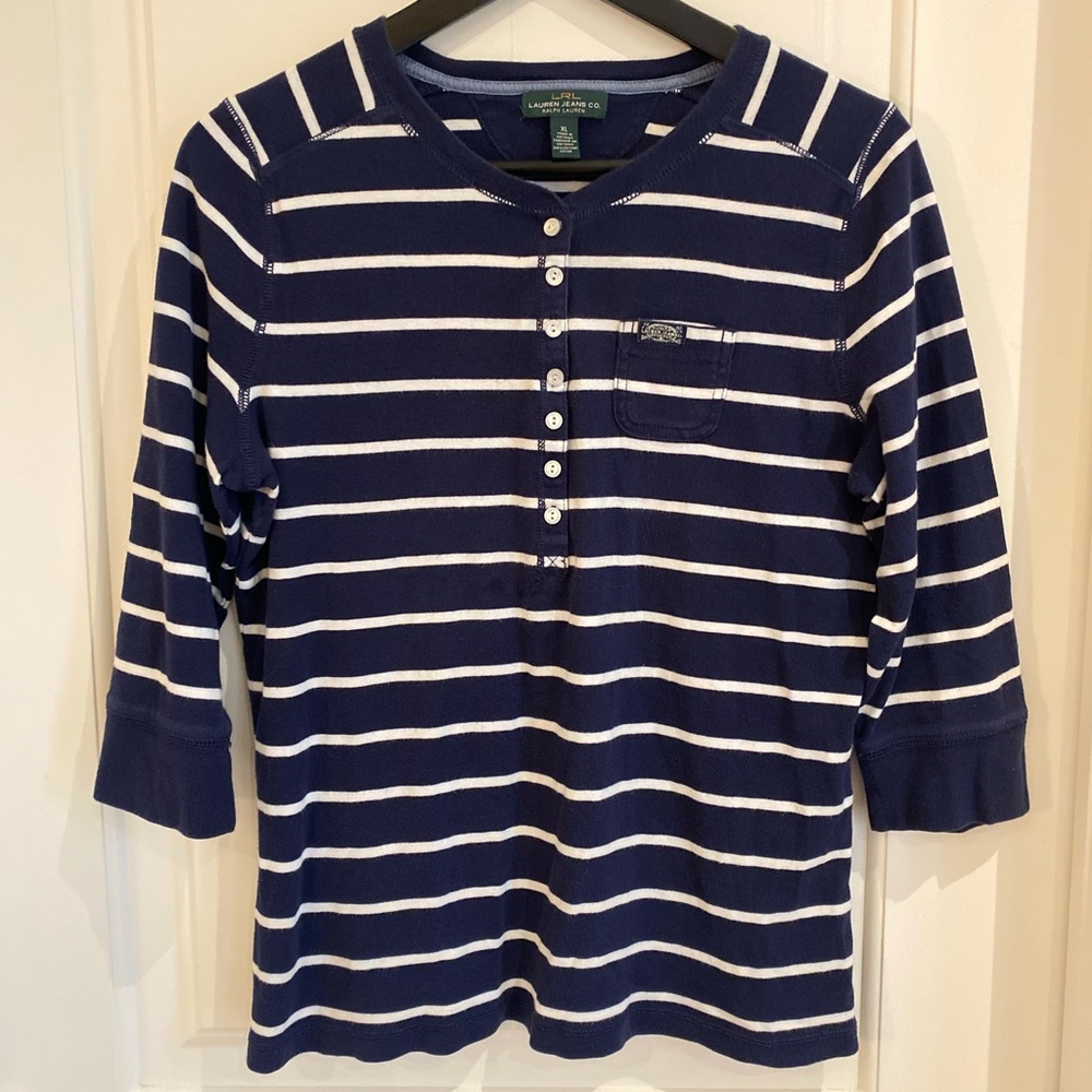 RALPH LAUREN Lauren Jeans Vintage  Navy Blue & White Striped 3/4 Sleeves Size XL